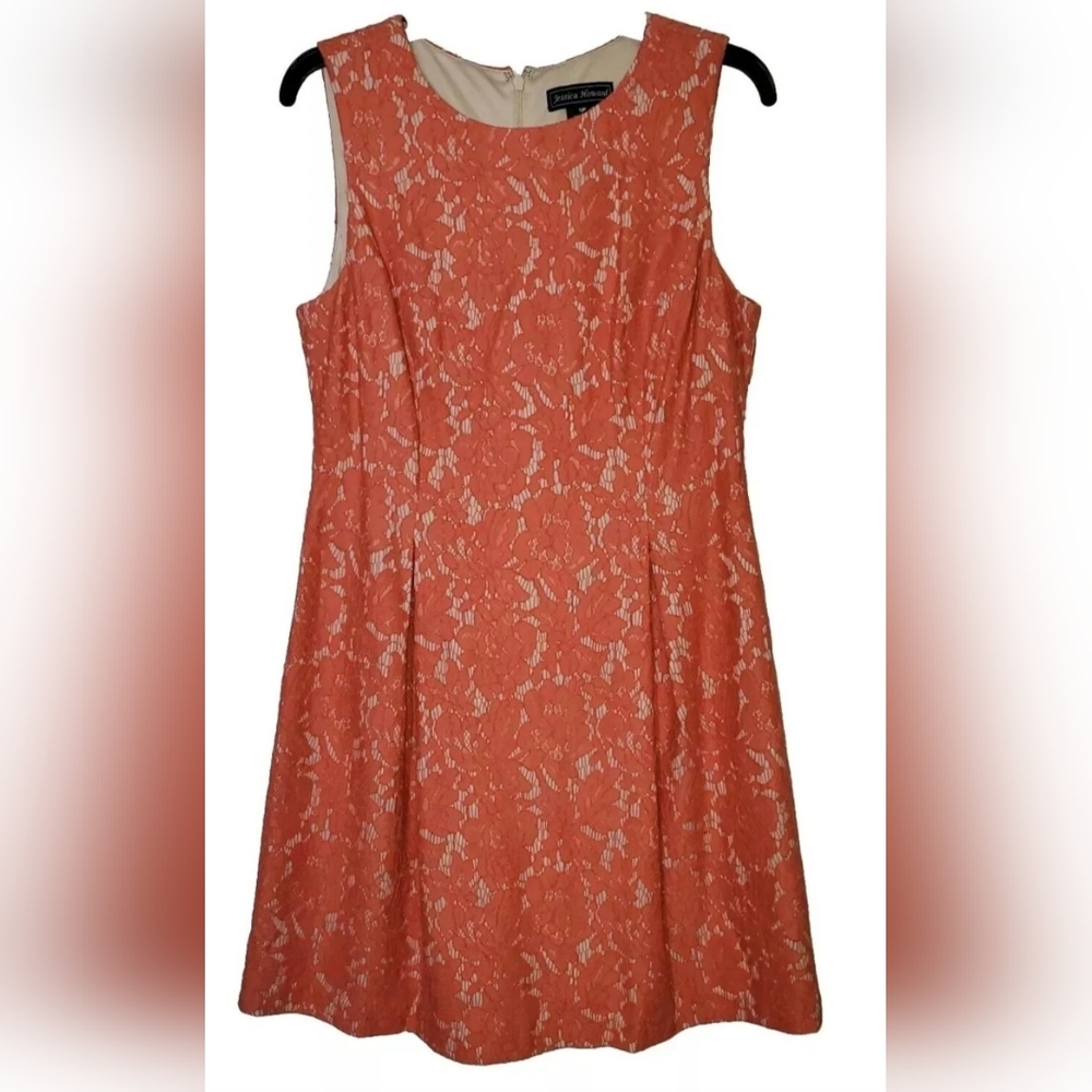 Jessica Howard Petite 12 Lace Lined Fit Flair Dress Coral Orange